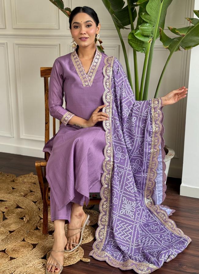 Viscose Silk Lavender Casual Wear Bandhani Print Readymade Suit